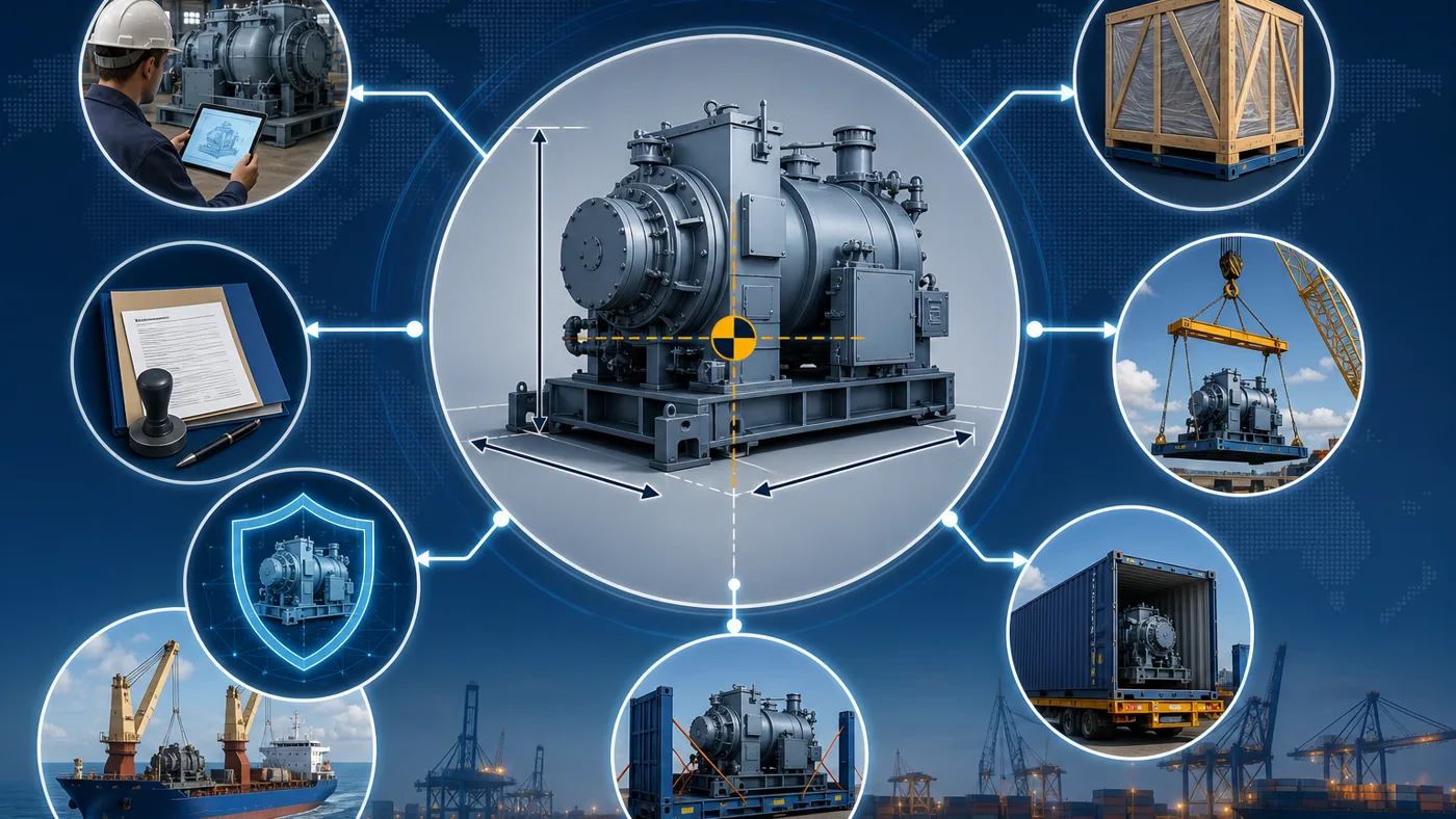 Machinery shipment plan covering dimensions, packing, lifting, insurance and transport mode