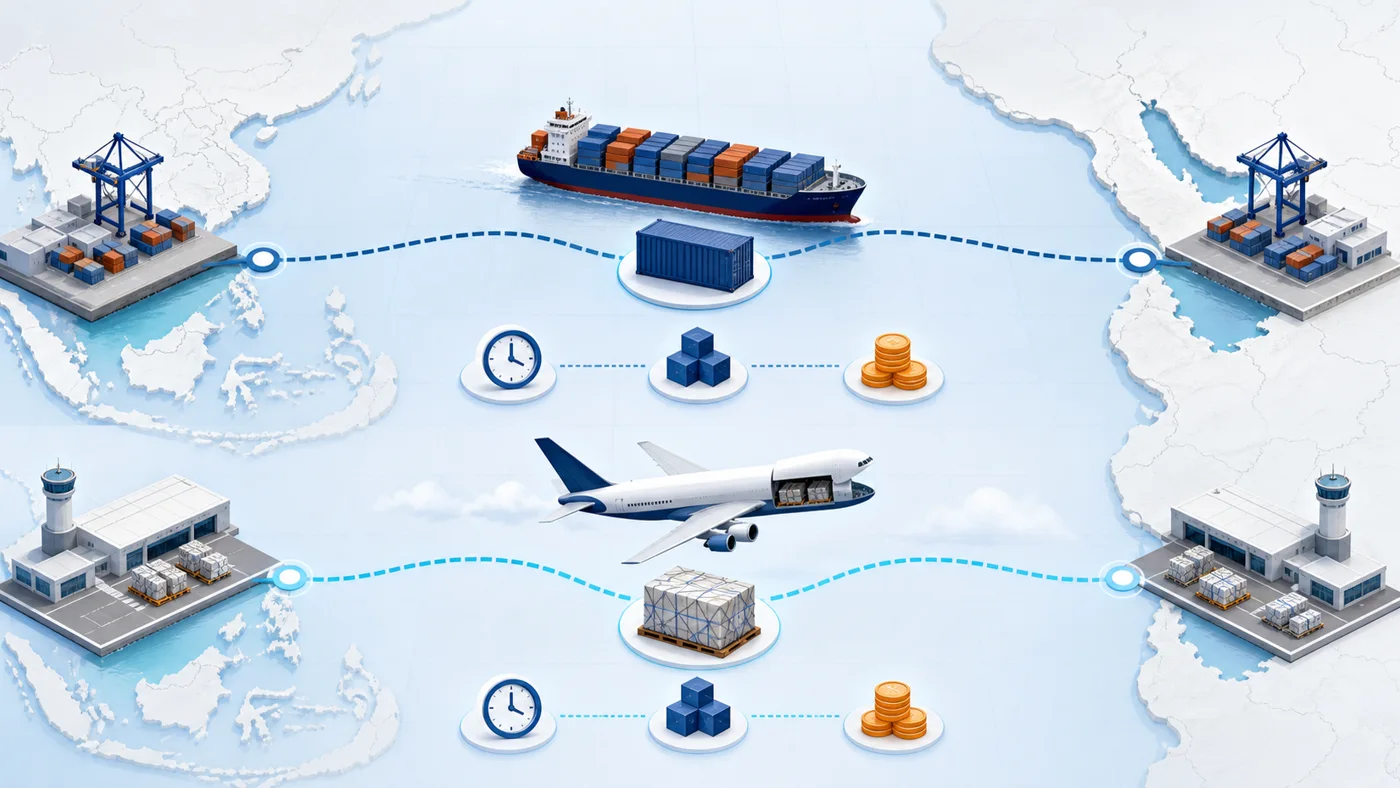 Sea freight and air freight routes connecting Southeast Asia with the Gulf